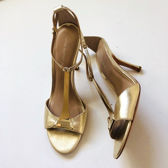Via Spiga Gold Leather Open Toe Heels Sandals - Picture 13 of 13